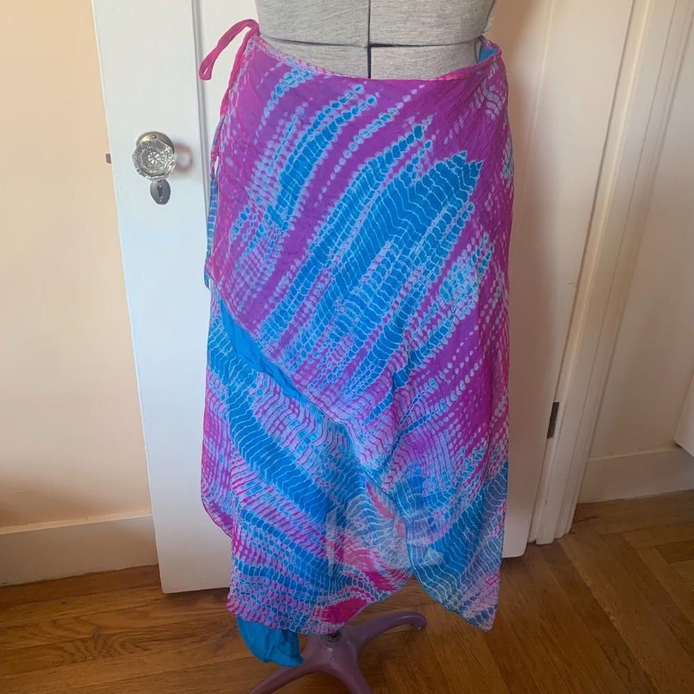 Guru Tie Dye Wrap Skirt Pink Blue Rayon Maxi Sarong Made in India